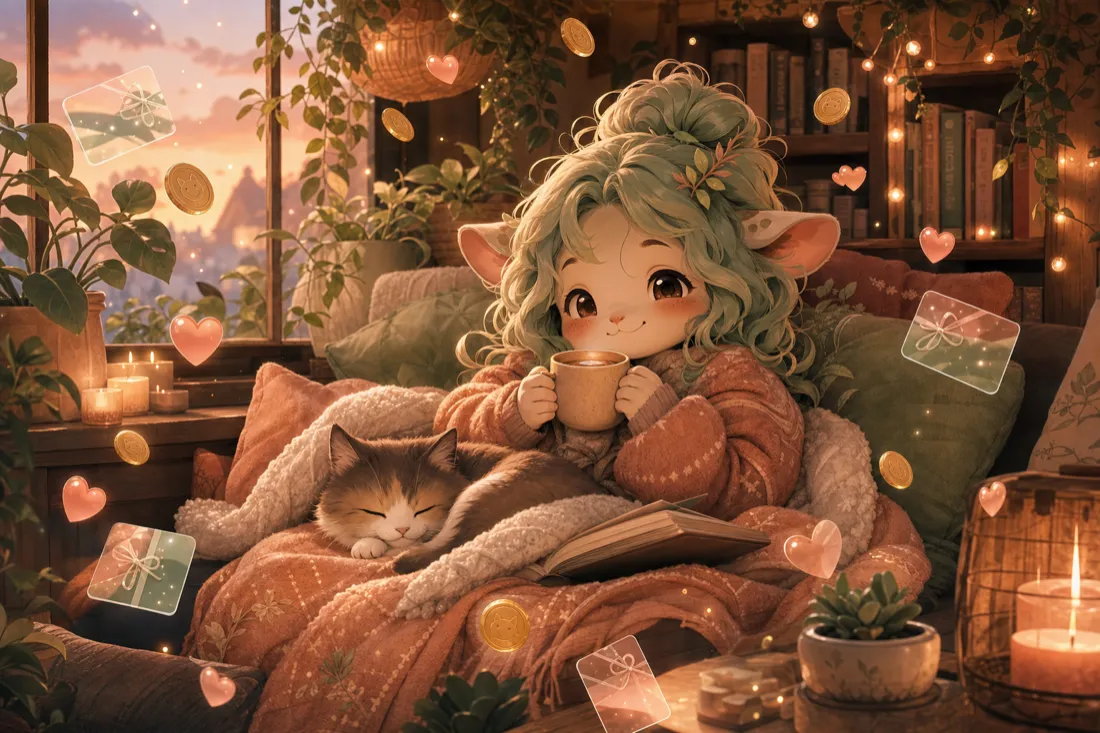 Cute character relaxing in a cozy nook with floating gift-card rewards